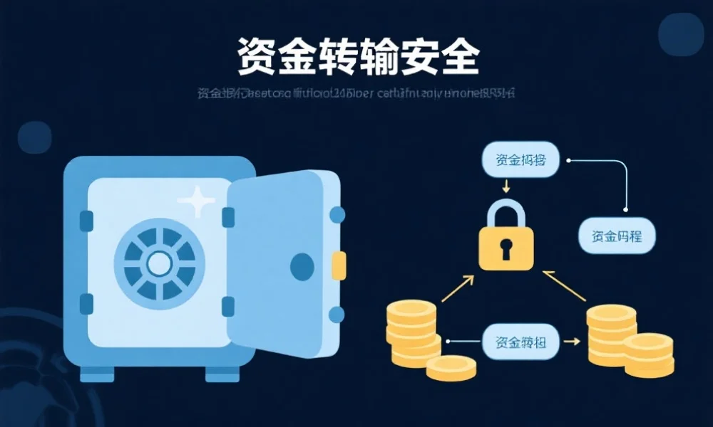 一张展示资金流转安全的插图,画面包含银行保险箱、加密锁,以及资金托管流程示意图