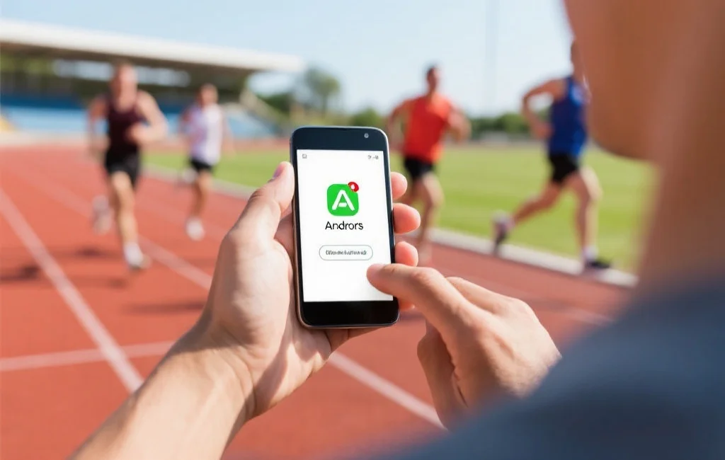 手持安卓手机的用户正在下载安装体育类App,背景为运动场和奔跑的运动员